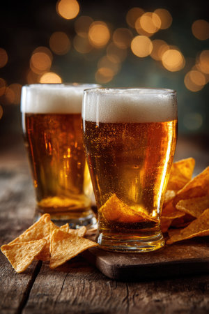 Two glasses of golden beer with white foam are displayed with a pile of chips on a wooden surface. The composition features warm lighting, and shallow depth of field, with a blurred bokeh effect in the background. Suitable for promotional materials related to beverages, food, or general lifestyle publications.の素材