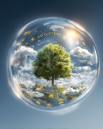 A vibrant green tree is encapsulated within a translucent sphere, surrounded by fluffy clouds and a bright sunlight. The composition features wind turbines and a representation of other elements. The image uses a high-key lighting style. Ideal for environmental themes, it can be used in a range of editorial and commercial projects.の素材