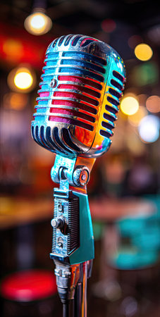 An artistic close-up reveals a vintage microphone with a striking, multi-colored design. The microphone stands out with its detailed construction and vibrant hues, set against a softly blurred background. This image captures the essence of audio equipment, suitable for diverse commercial or editorial applications.の素材