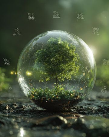 A close-up view presents a tree encased within a clear sphere, set against a blurred green backdrop. The scene uses soft lighting, highlighting the tree's vibrant green foliage. This composition conveys themes of nature, preservation, and ecology, suitable for use in various conceptual or illustrative projects.の素材