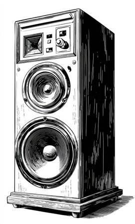 An illustration depicts a detailed vintage audio speaker. The grayscale artwork showcases a rectangular cabinet featuring dual circular speakers, controls, and an angled tweeter. The composition uses precise linework creating a textured appearance, suitable for diverse commercial uses like design elements or informational graphics.の素材