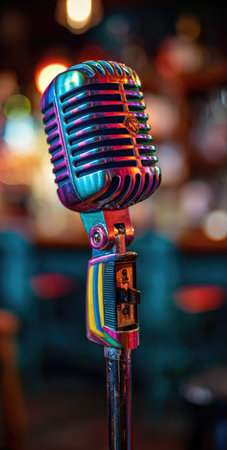 An ornate microphone is the central focus in this image. Its detailed design showcases a blend of colors and textures. The composition utilizes shallow depth of field, with a blurred backdrop suggesting an indoor setting. Suitable for various creative and commercial applications.の素材