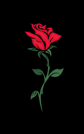 A single red rose, rendered in a graphic style, is centered against a stark black backdrop. The illustration showcases the flower's petals and leaves with distinct lines and color. This artwork, which highlights the contrast of red and black, could be suitable for various design projects and editorial content.の素材
