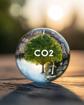 A tree enclosed within a transparent sphere is the main subject. The image displays a vibrant tree with the text CO2 inside a crystal ball. It is set outdoors with a blurred natural background and warm sunlight. This composition can be used for various commercial projects related to environmental topics.の素材