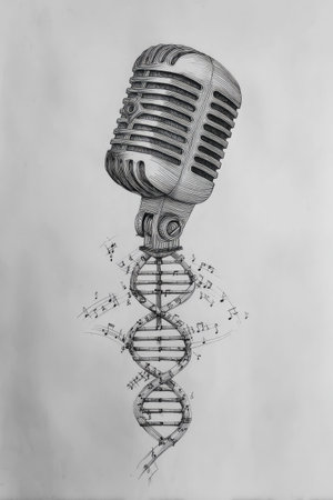 An illustration depicts a vintage microphone juxtaposed with a DNA helix, complemented by scattered musical notes. The artwork is rendered in grayscale with detailed shading and textures. The composition suggests themes of music, science, and creativity. This image could be suitable for editorial or commercial applications, such as educational materials or artistic designs.の素材