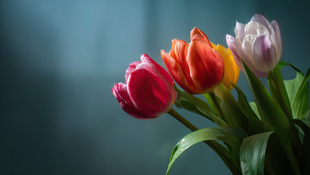 A close-up view displays a colorful tulip bouquet, showcasing various colors including red, orange, and white. The flowers are set against a teal background, and the composition is enhanced by soft lighting. This image could be used for various commercial projects related to nature, beauty, or floral arrangements.の素材