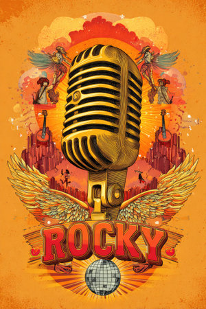 A golden microphone is centrally featured, adorned with stylized wings and ornate details against a warm orange backdrop. The composition is reminiscent of a retro poster, incorporating musical instruments and figures. This illustrative design is suitable for promotional materials, artistic projects, and various creative endeavors.の素材
