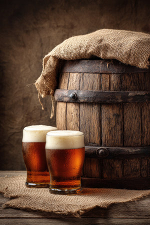 Two beer glasses filled with a light amber liquid and creamy foam sit before a weathered wooden barrel. The composition features a textured burlap cloth and warm lighting. This image could be used for advertising, restaurant menus, or any project that needs to evoke a rustic atmosphere.の素材