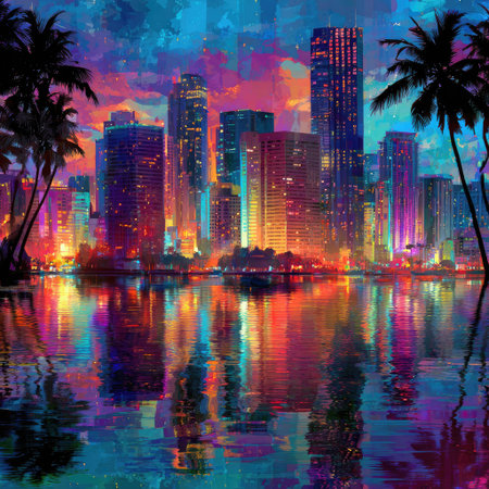 An artistic rendering showcases a colorful cityscape at twilight. Towering buildings are reflected in the water, creating a symmetrical composition. The palette features a blend of bright colors, suggesting a modern environment. This image is suitable for various commercial uses, including website design and editorial projects.の素材