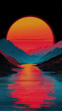 An image captures a landscape featuring a large sunset casting warm hues across a tranquil river. The scene includes mountains and their reflections, rendered with a pixelated retro aesthetic. The composition emphasizes vibrant colors and symmetrical balance, making it suitable for digital artwork or design projects.の素材