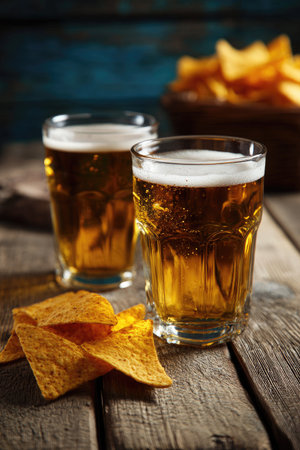 Two glasses of golden beer and a collection of tortilla chips are arranged on a textured wooden surface. The composition showcases detailed textures and a shallow depth of field, with soft lighting enhancing the warm colors. This image is suitable for various commercial uses, including advertising and editorial content.の素材