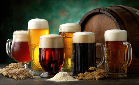 An assortment of beer glasses and a wooden barrel are arranged on a dark, rustic surface. The glasses showcase a range of beer colors, from amber to dark brown, topped with white foam. The composition features a wooden barrel in the background, suggesting a brewery or pub setting. Suitable for various commercial and editorial applications.の素材