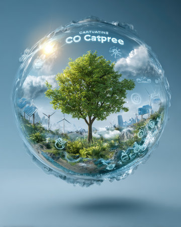 A vibrant green tree stands prominently within a clear sphere, showcasing elements like windmills and buildings. The composition features a blue background, and the overall style leans towards digital art, with bright lighting and detailed textures. This image may be suitable for illustrating environmental themes, sustainability initiatives, or eco-friendly projects.の素材