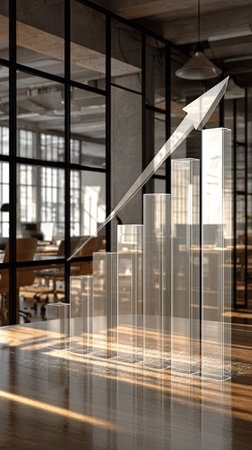 A transparent bar graph with an upward-pointing arrow overlays a modern office setting. The composition features a contemporary aesthetic with blurred backgrounds, and soft lighting. This visual is suitable for depicting concepts such as business progress, financial growth, and success. It offers utility for various commercial and editorial projects.の素材