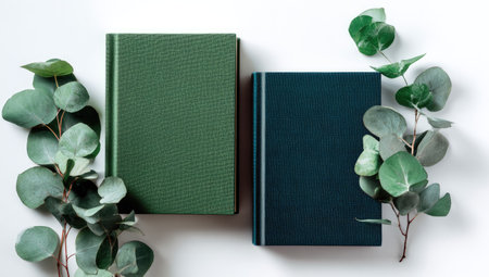 Two hardcover books, one green and the other teal, rest on a white surface. Eucalyptus leaves and sprigs surround the books, adding a natural element. The composition features overhead lighting, a clean aesthetic and copy space. Suitable for editorial and commercial projects.の素材