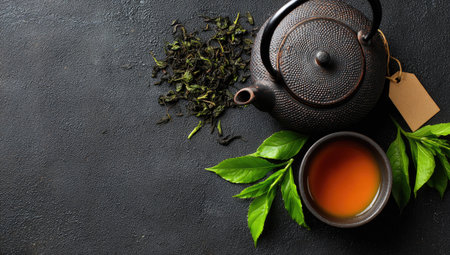 A top-down composition shows a dark metal teapot, a small teacup filled with tea, and loose green tea leaves with some green leaves. The elements are arranged on a dark, textured surface, creating a visual balance. The lighting is soft and even. This image could be suitable for illustrating wellness, food, or lifestyle content.の素材