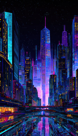 An illuminated cityscape showcases numerous skyscrapers under a dark sky. The artwork exhibits a range of cool colors with prominent blues and purples. Buildings exhibit modern architectural designs. The artwork uses lighting to emphasize features. This image is suitable for various commercial purposes, including website design and editorial content.の素材