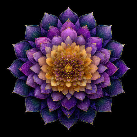 A digital art piece showcasing a symmetrical flower composed of numerous petals in shades of purple and gold. The artwork displays a gradient effect with meticulous detail and a contrasting black background. This image is well-suited for various design projects, including decorative prints and digital media illustrations.の素材