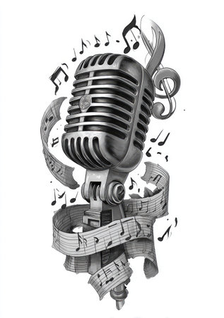 An illustration features a vintage-style microphone encircled by flowing ribbons adorned with musical notes. The artwork utilizes shades of gray and white, creating a contrast. This image could be used for various projects. The composition employs lighting that adds depth, and it seems set against a clean background.の素材