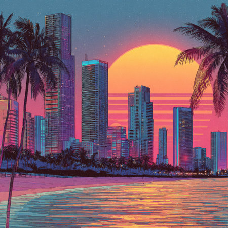 An illustrated cityscape is depicted with tall buildings silhouetted against a setting sun. The scene features pastel colors and tropical elements, including palm trees and an ocean view, evoking a retro style. The artwork could be used in various commercial applications such as advertising and website design.の素材