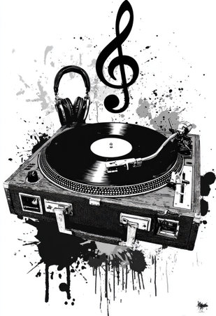 An illustration featuring a turntable, a pair of headphones, and a musical note is presented against a backdrop of black ink splatters. The artwork is characterized by high contrast, with a dominant grayscale palette. The composition may be suitable for promotional materials related to music or audio.の素材