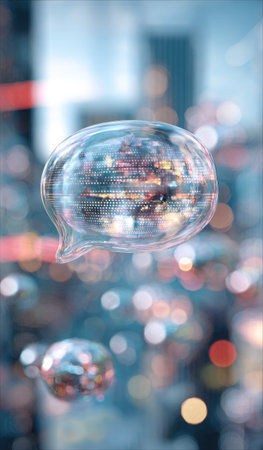A translucent speech bubble, reflecting a cityscape, floats above a blurred backdrop of lights. The image showcases a modern style with bokeh effects and a cool color palette. It may be suitable for illustrating technology, communication, or data-driven concepts. The composition provides copy space for various editorial or commercial uses.の素材
