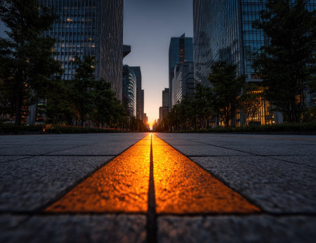 A low-angle perspective captures a street marked with bright, geometric lines leading towards a sunset. The composition features tall buildings on either side, bathed in a mix of orange and blue hues. This image could be used for various purposes, including architectural, commercial, or editorial projects.の素材