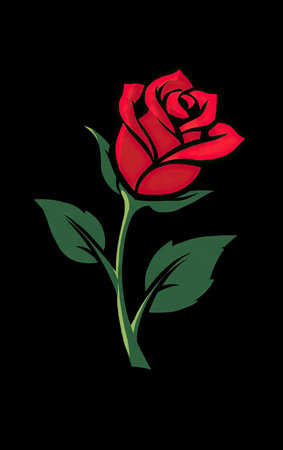 A detailed illustration presents a single red rose, exhibiting bold color contrast against a black backdrop. The leaves are rendered in shades of green, with a simple, vector-style design. The image emphasizes a clean, graphic aesthetic, suitable for various design projects and visual communications.の素材