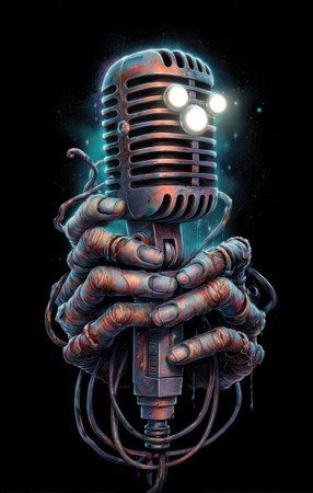 An illustration depicts a vintage microphone gripped by robotic hands against a dark backdrop. The image showcases metallic textures, vibrant teal highlights, and striking illumination from lights. It could be used in design projects, advertising campaigns, or editorial content.の素材