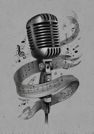 This illustration features a classic microphone design entwined with flowing musical notes. The artwork is rendered in grayscale, utilizing shading and detail to create depth. The composition focuses on a central subject against a plain backdrop, with artistic elements suggesting a theme of music. Suitable for various creative and promotional applications.の素材