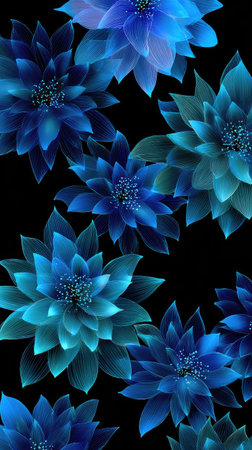 This image presents a repeating pattern of luminous blue flowers against a stark black backdrop. The blossoms showcase a gradient of blues, from deep indigo to light turquoise, with soft, diffused lighting. The composition is likely suitable for textile design, wallpaper, or digital art applications. It evokes a feeling of elegance and nature.の素材