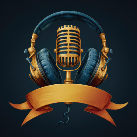 An illustration depicts a golden microphone centered between a set of blue and gold headphones, with a yellow banner at the bottom. The composition features a symmetrical arrangement, using a detailed, illustrative style. The lighting appears soft against a dark background, suggesting a digital artwork suitable for varied commercial use.の素材