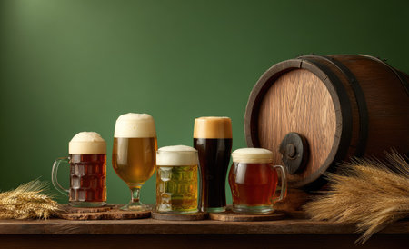 An assortment of beer glasses with varying styles and colors are displayed on a wooden surface, next to a full wooden barrel. The composition features a variety of golden and dark brews with foamy heads. The lighting appears soft, with the background being a solid dark green. This image is suitable for promotional materials related to beverages and brewing.の素材