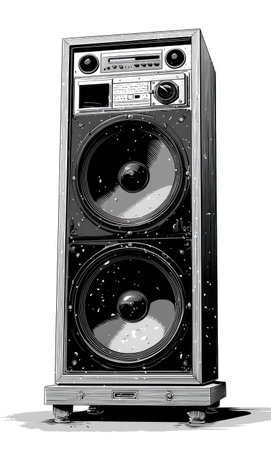 A grayscale illustration features a tall vintage audio speaker. The speaker is composed of multiple sections with large circular openings. It has a retro design, with dials and buttons. The lighting appears to be even, providing a clean appearance. This image is suitable for commercial uses.の素材