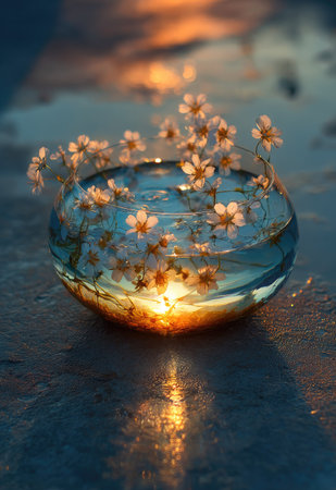 A glass vase holds small white flowers, set against a backdrop of soft sunlight and water reflections. The image displays a shallow depth of field, with warm tones from the light contrasting with the cool blues. Suitable for use in a variety of visual projects requiring a sense of tranquility and beauty.の素材