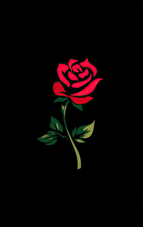 A single red rose, featuring a green stem and leaves, is depicted against a stark black backdrop. The image utilizes bold colors and a simplified, graphic style. The composition is clean, with the rose centrally placed. This visual could be suitable for various design projects, including those focused on romance or nature.の素材