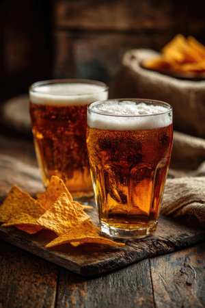 Two glasses of golden beer are displayed with nachos, arranged on a rustic wooden table. The warm lighting highlights the textures of the snacks and beer. This composition has potential applications for food, beverage, or lifestyle content, suitable for advertising and editorial purposes.の素材