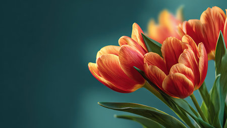 A close-up captures several orange and yellow tulips, their petals detailed against a muted teal backdrop. The image utilizes soft lighting, enhancing the delicate textures. Ideal for illustrating themes related to nature and beauty, this photo is suitable for various commercial applications.の素材