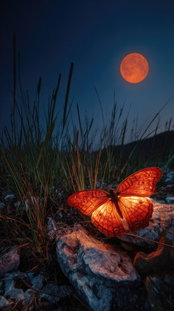 A close-up captures a butterfly with glowing orange wings, resting on a stone surface. The nocturnal scene features a deep blue sky and a prominent orange full moon. Long grass blades and rocks create a natural backdrop. Suitable for various editorial and commercial projects.の素材