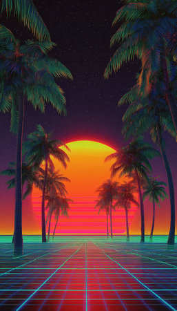 An eye-catching digital artwork displays a sunset with palm trees. The scene uses bold gradients of orange, pink, and purple. The composition features a perspective grid, suggesting a futuristic aesthetic. This image would be suitable for various design projects, advertising, or as background elements.の素材