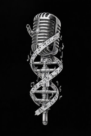An illustration depicts a classic microphone design with musical notes spiraling around it. The image features a grayscale palette and detailed textures. The composition appears against a black background, with the lighting creating highlights and shadows. This artwork could be suitable for various commercial or editorial applications.の素材