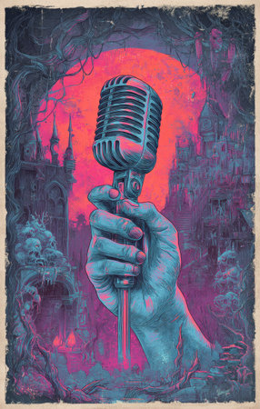 A hand grasping a vintage microphone is set against a vivid backdrop of a large red orb and stylized architecture. The image showcases cool and warm color contrasts and possibly a grunge effect. Its detailed artistic rendering could be utilized for music-related projects or design illustrations.の素材