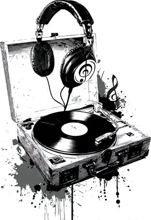 This black and white illustration showcases a classic record player with headphones and musical notes. The artwork features a vintage aesthetic, emphasizing texture and tonal contrast. The composition suggests an indoor setting with a focus on music and audio equipment. Suitable for various design projects and editorial uses.の素材