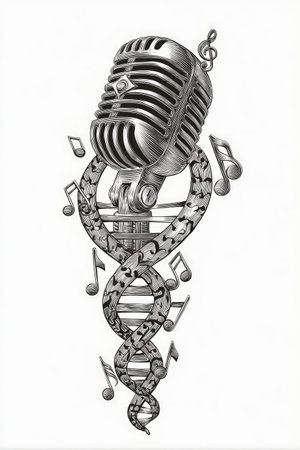 An illustration features a vintage-style microphone intertwined with a DNA helix, accompanied by floating musical notes. The artwork uses grayscale tones, presenting a metallic texture against a clean white background. This conceptual piece could be suitable for music-related projects, educational materials, or artistic designs.の素材