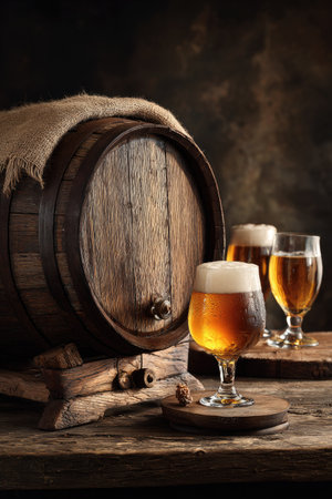 A wooden barrel and three glasses of beer are arranged on a rough wooden surface. The composition uses warm lighting to accentuate the amber tones of the beer and the aged wood. This image may be suitable for promotional materials, articles about beverages, or culinary content.の素材