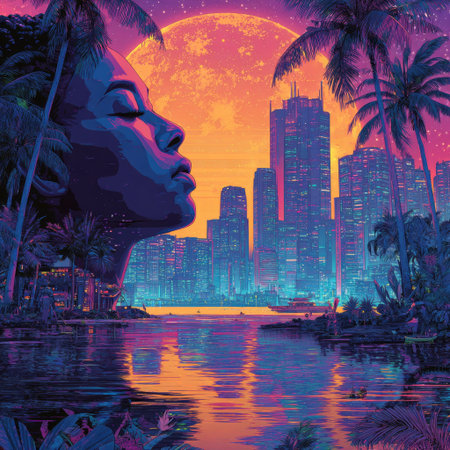 This vibrant artwork depicts a woman's profile merging with a cityscape silhouette. The composition features a rich palette of blues, purples, and oranges, reminiscent of a sunset. The image incorporates palm trees and a body of water, suggesting a tropical environment. This artwork may be suitable for commercial use in various contexts.の素材