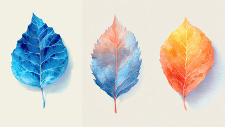 This watercolor illustration features three leaves each in distinct colors. The composition showcases detailed textures and a delicate artistic style. The lighting appears soft, possibly suggesting an indoor studio setting. Suitable for various design projects, this image could be used commercially or in editorial contexts.の素材