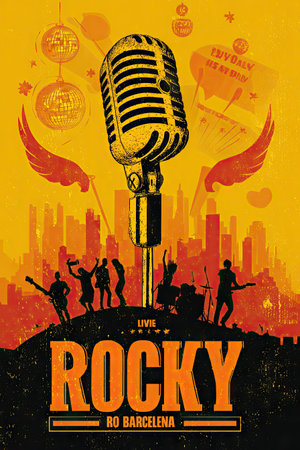 This image depicts a stylized microphone with silhouettes of musicians and text on an orange backdrop. The composition features a central microphone, wings, and an urban landscape. Warm tones and a vintage aesthetic dominate the design. Suitable for promotional materials and creative projects.の素材