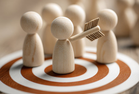 A group of wooden figures on a target, with one figure pierced by an arrow. The image exhibits a close-up perspective, with soft lighting and a shallow depth of field. The figures are light-colored against a background of concentric circles, conveying a concept of focus. Suitable for diverse commercial applications.の素材