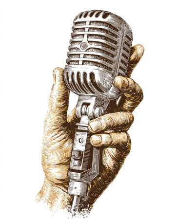 An illustrated image presents a detailed hand grasping a classic, chrome microphone. The artwork features textured shading and a warm color palette, suggesting a vintage aesthetic. This image might be suitable for promotional materials, websites, or editorial content related to music, broadcasting, or audio production.の素材